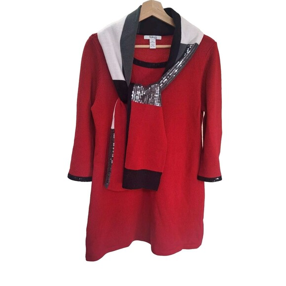 Style & Co Red White Black Sequin Trim Knit Sweater Dress & Scarf Set - Size P/L - Picture 1 of 16